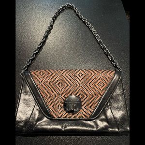 Elliott Lucca Purse black leather with black and brown tweed